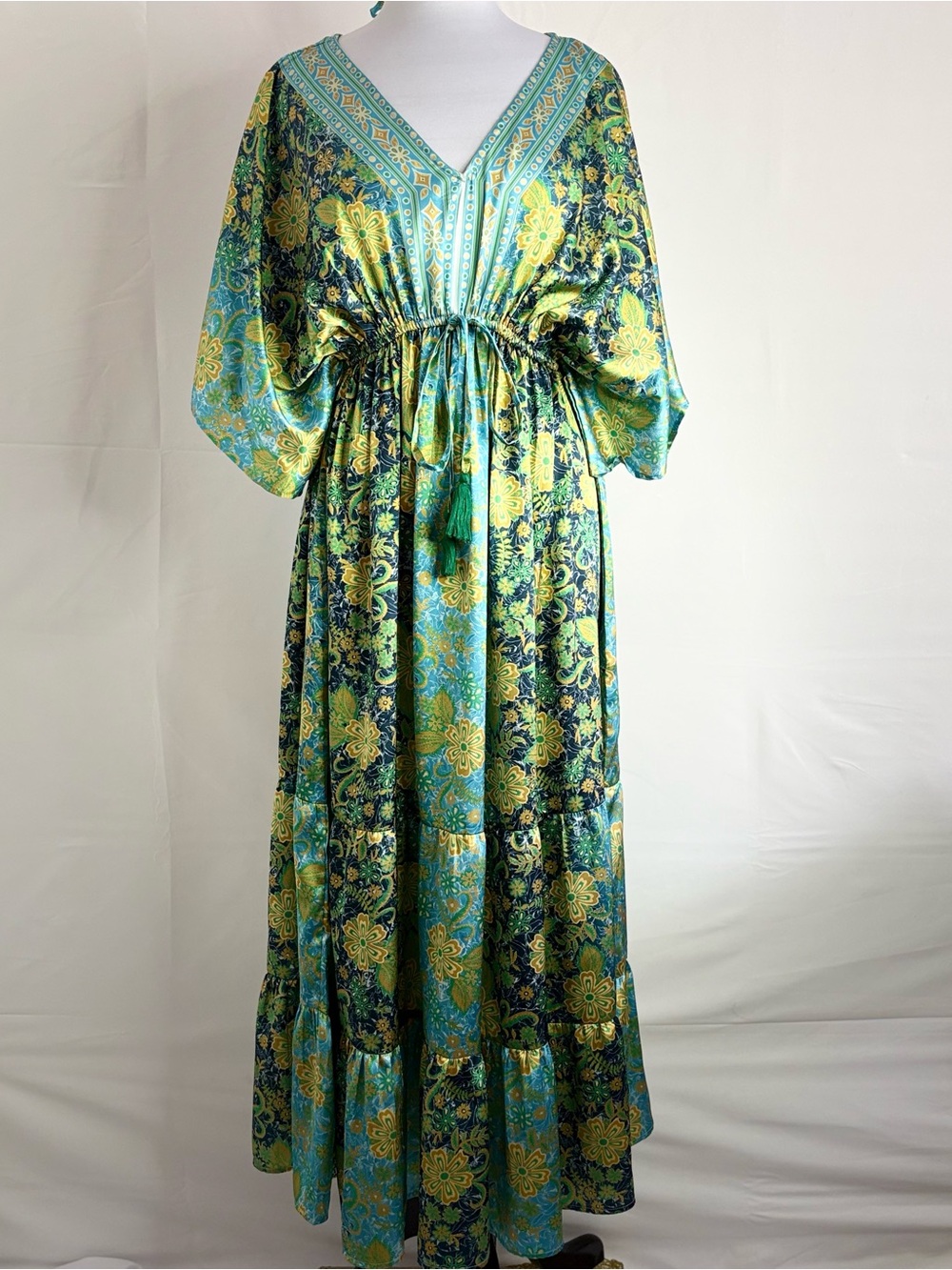 Cost Plus World Market Teal and Yellow Floral Maxi Dress